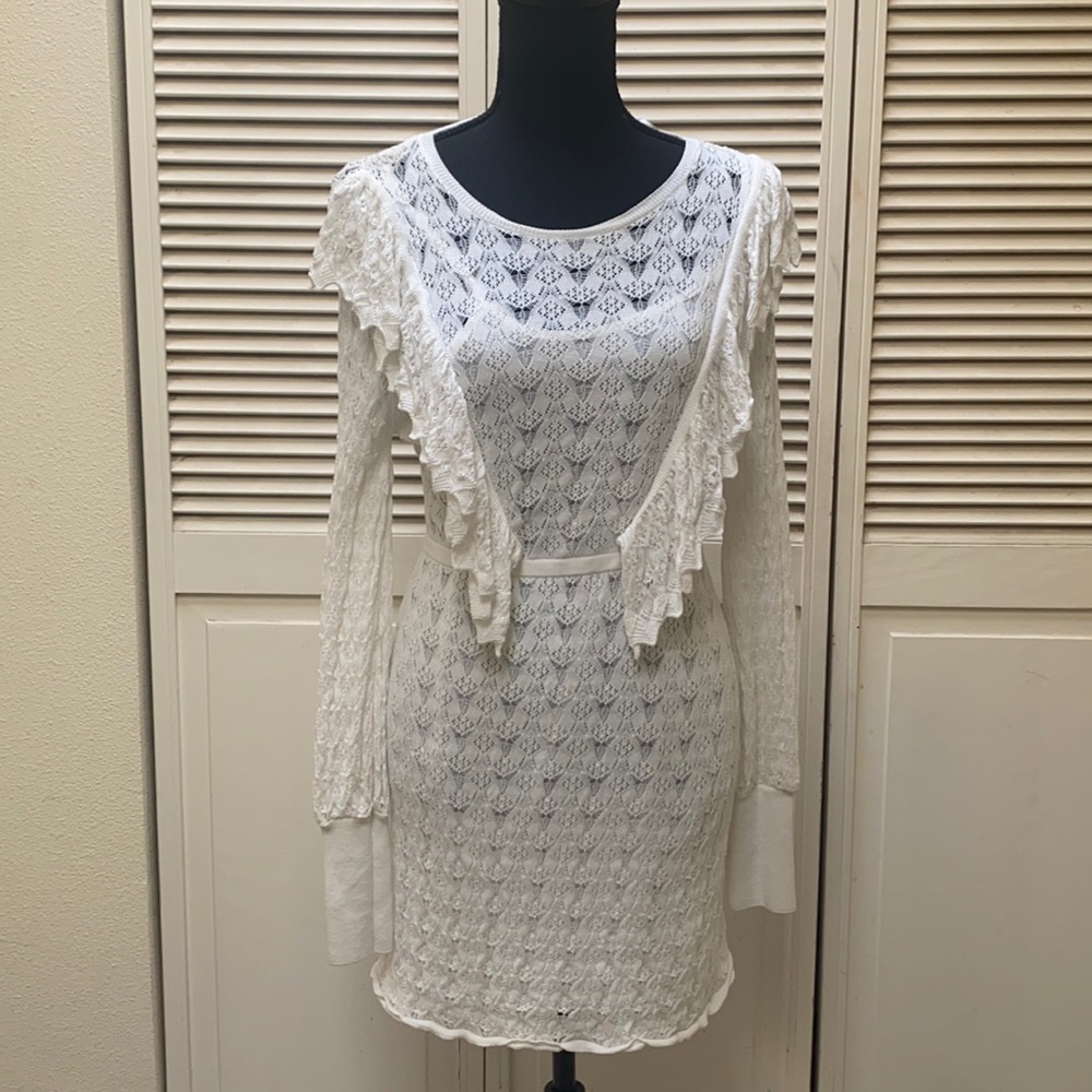 White A-Line Mini Dress - Floral Lace Dress - Cap Sleeve Dress